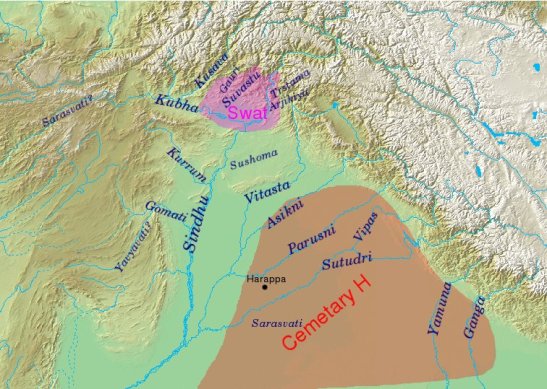 Geographic horizon of the Rigveda, with river names. Also indicated are the extent of the contemporary Swat and Cemetery H cultures, and the location of Harappa. (Wikimedia Commons)